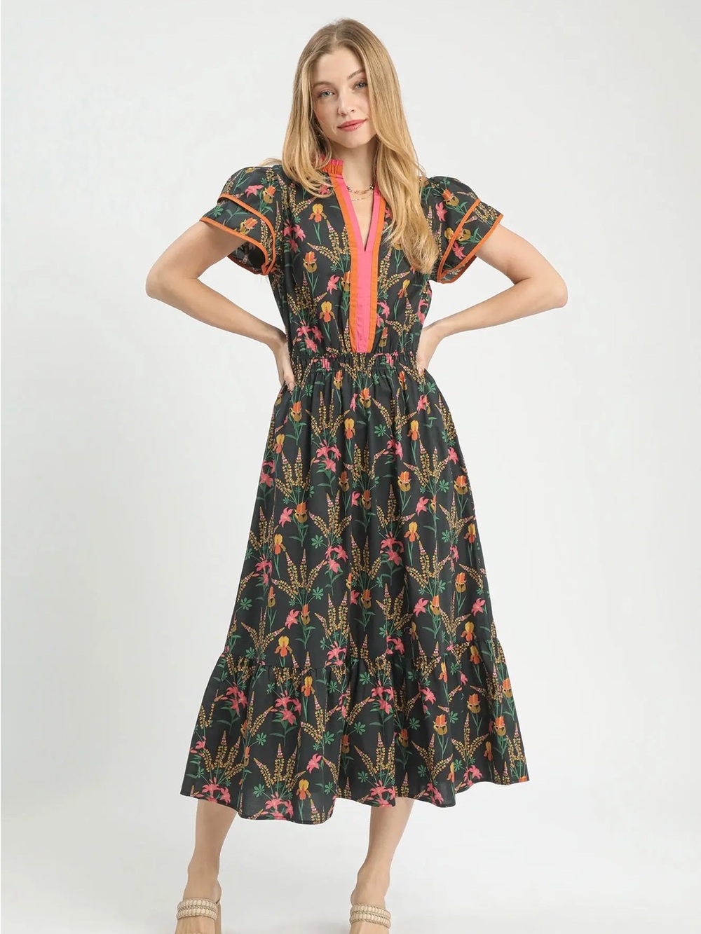 Umgee- Black Floral Flutter-Sleeve Midi Dress with Coral Trim Size- Small